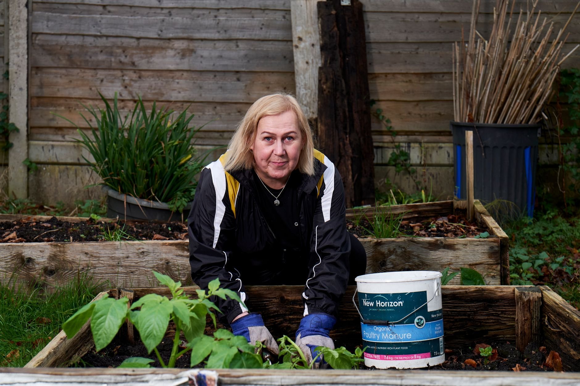 A woman tending her raised garden bed outdoors in soft morning light